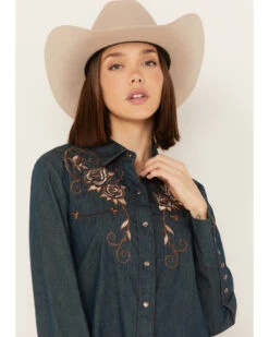 Scully Women's Rose Embroidered Denim Long Sleeve Pearl Snap Western Shirt -Wild West Belle Sales 2000243849 400 P2