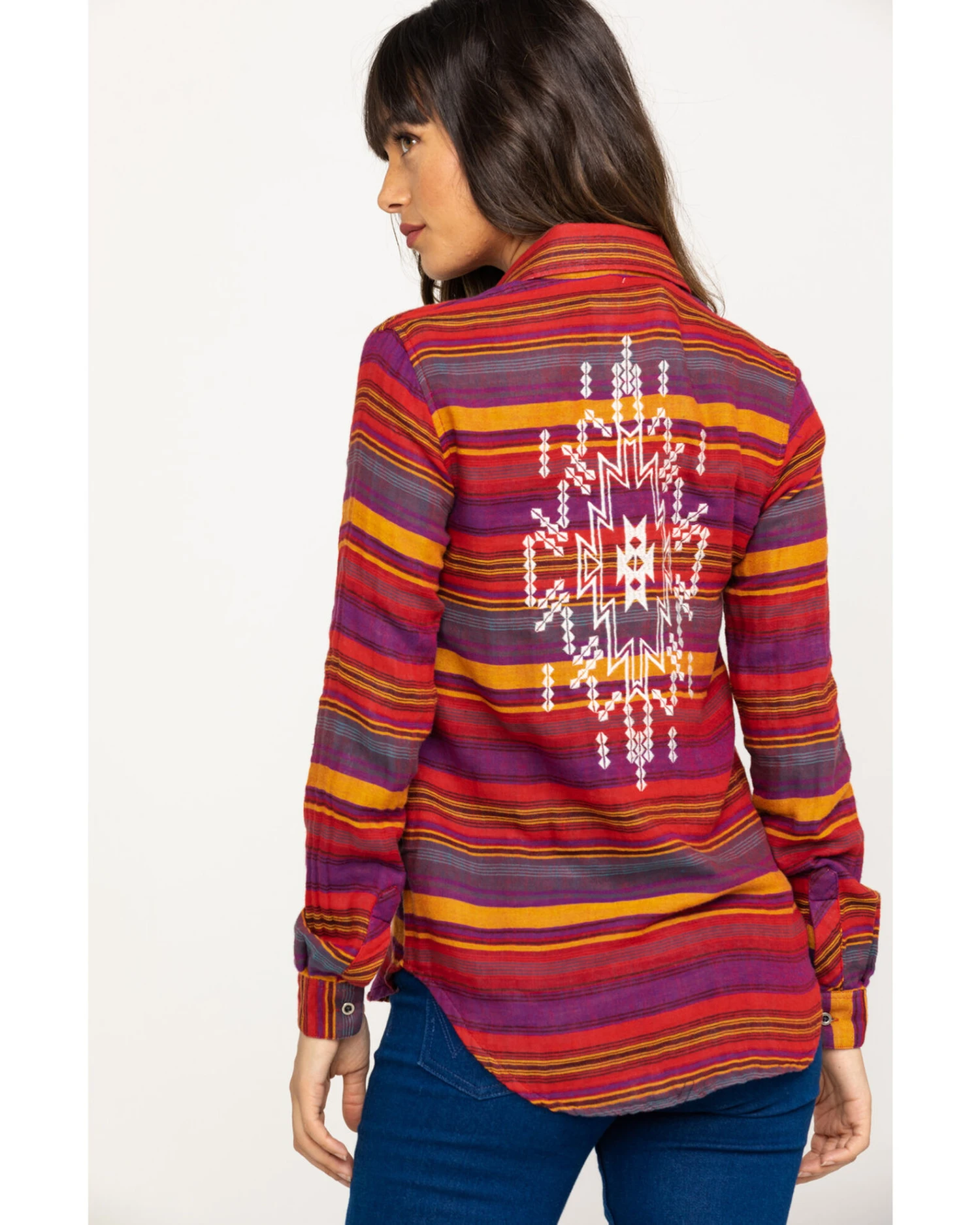 Rock & Roll Denim Women's Rust Serape Stripe Southwestern Embroidered Long Sleeve Western Shirt 4 Rock & Roll Denim Women's Rust Serape Stripe Southwestern Embroidered Long Sleeve Western Shirt - Image 4