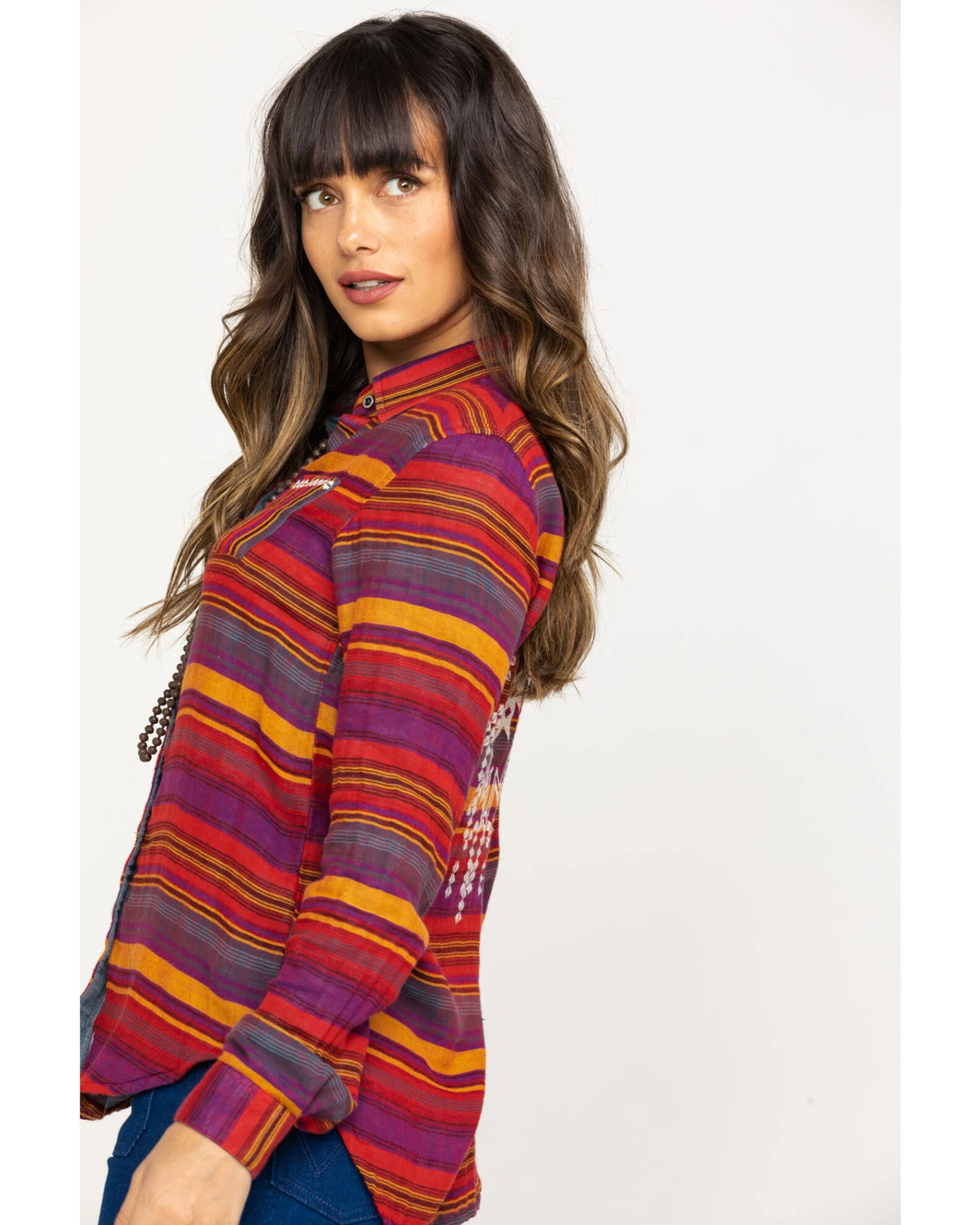 Rock & Roll Denim Women's Rust Serape Stripe Southwestern Embroidered Long Sleeve Western Shirt 5 Rock & Roll Denim Women's Rust Serape Stripe Southwestern Embroidered Long Sleeve Western Shirt - Image 5