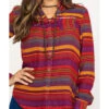 Rock & Roll Denim Women's Rust Serape Stripe Southwestern Embroidered Long Sleeve Western Shirt