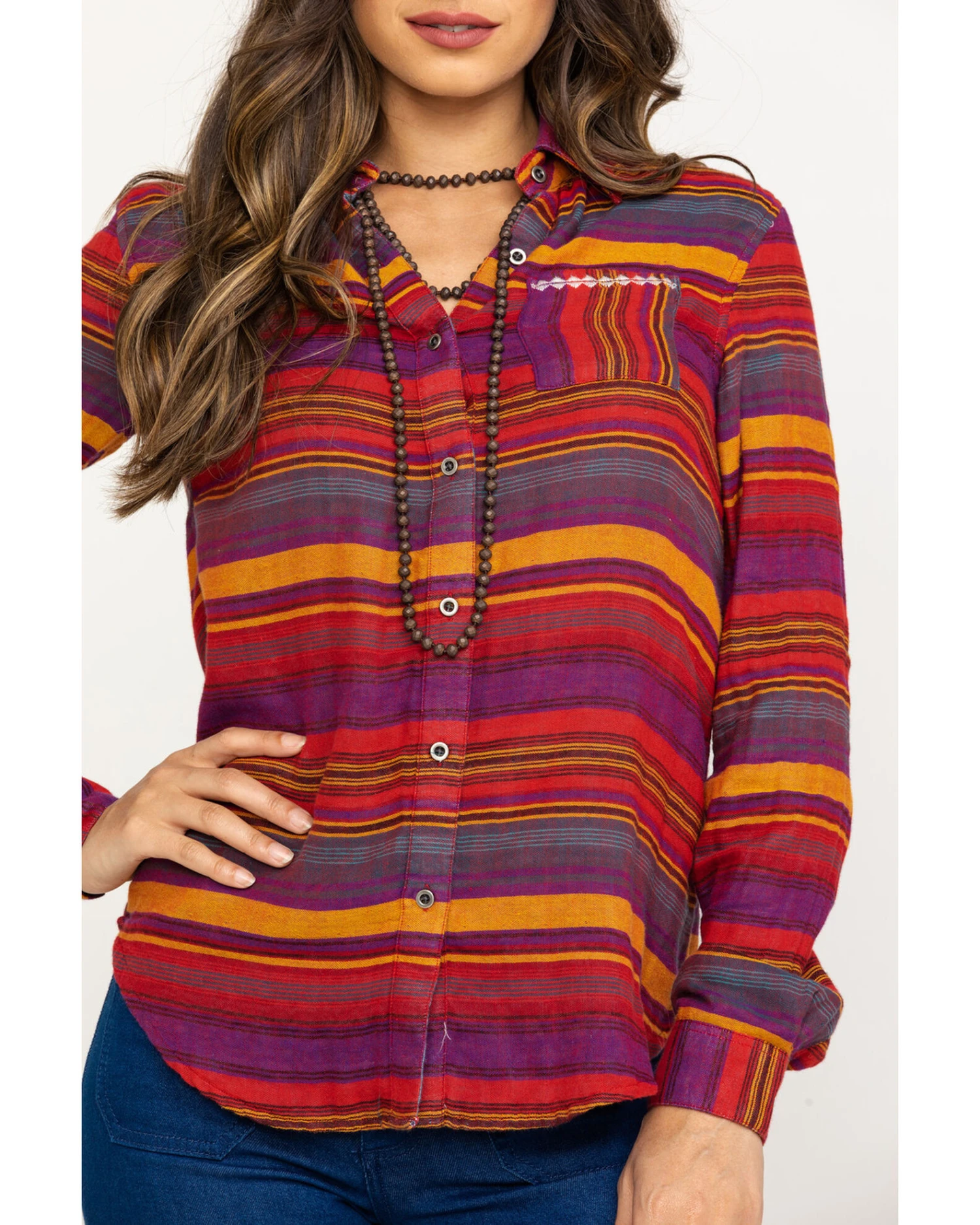 Rock & Roll Denim Women's Rust Serape Stripe Southwestern Embroidered Long Sleeve Western Shirt 1 Rock & Roll Denim Women's Rust Serape Stripe Southwestern Embroidered Long Sleeve Western Shirt