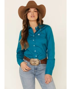 Cinch Women's Teal Solid Button Front Long Sleeve Western Shirt -Wild West Belle Sales 2000330809 442 P1