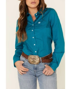 Cinch Women's Teal Solid Button Front Long Sleeve Western Shirt -Wild West Belle Sales 2000330809 442 P3