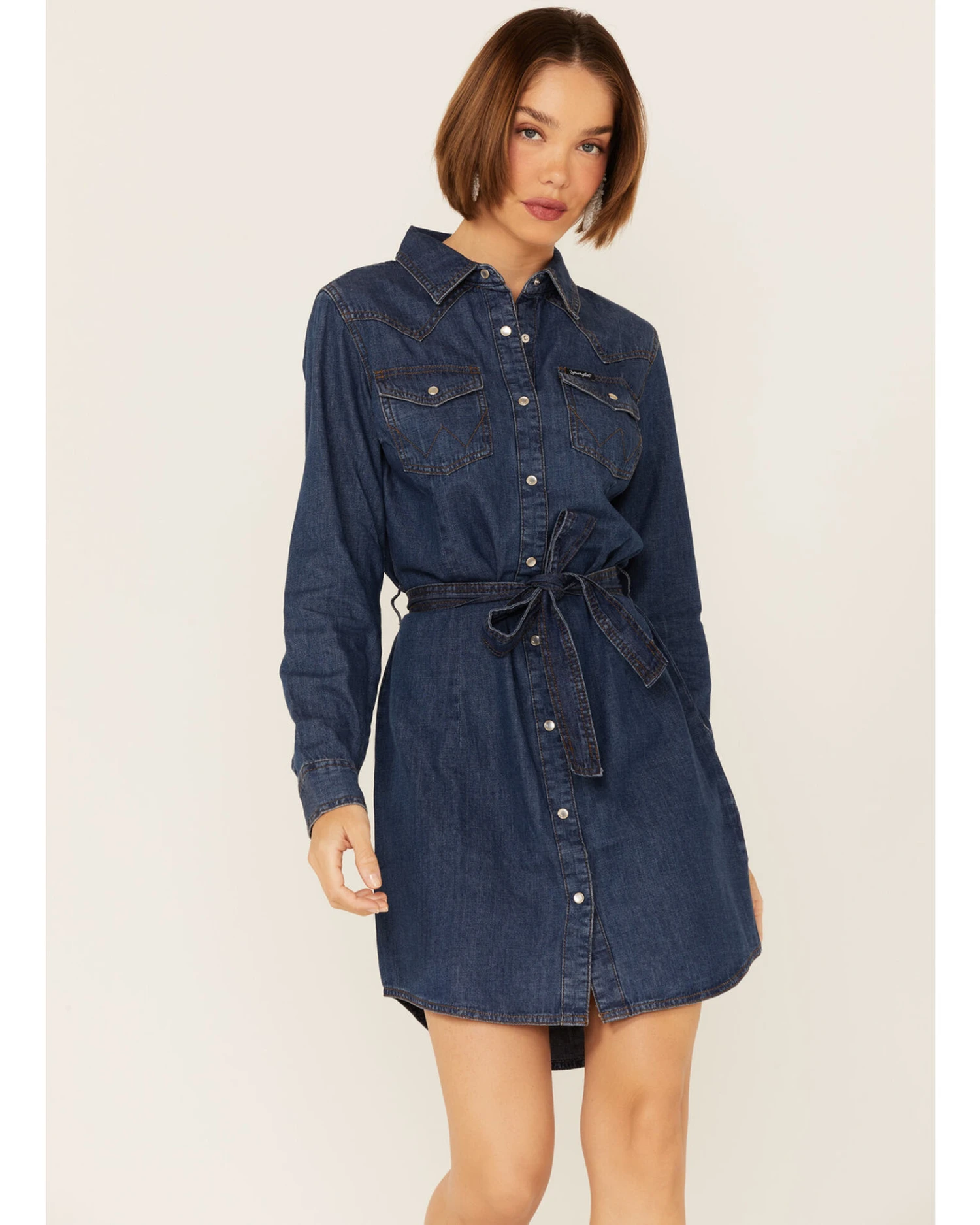 Wrangler Women's Dark Denim Washed Long Sleeve Western Shirt Dress 2 Wrangler Women's Dark Denim Washed Long Sleeve Western Shirt Dress - Image 2