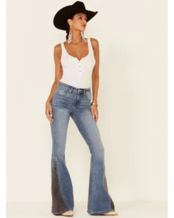 Shyanne Women's Mid Wash Crochet Embroidered Inset High Rise Flare Denim Jeans -Wild West Belle Sales 2000342607 420 P1