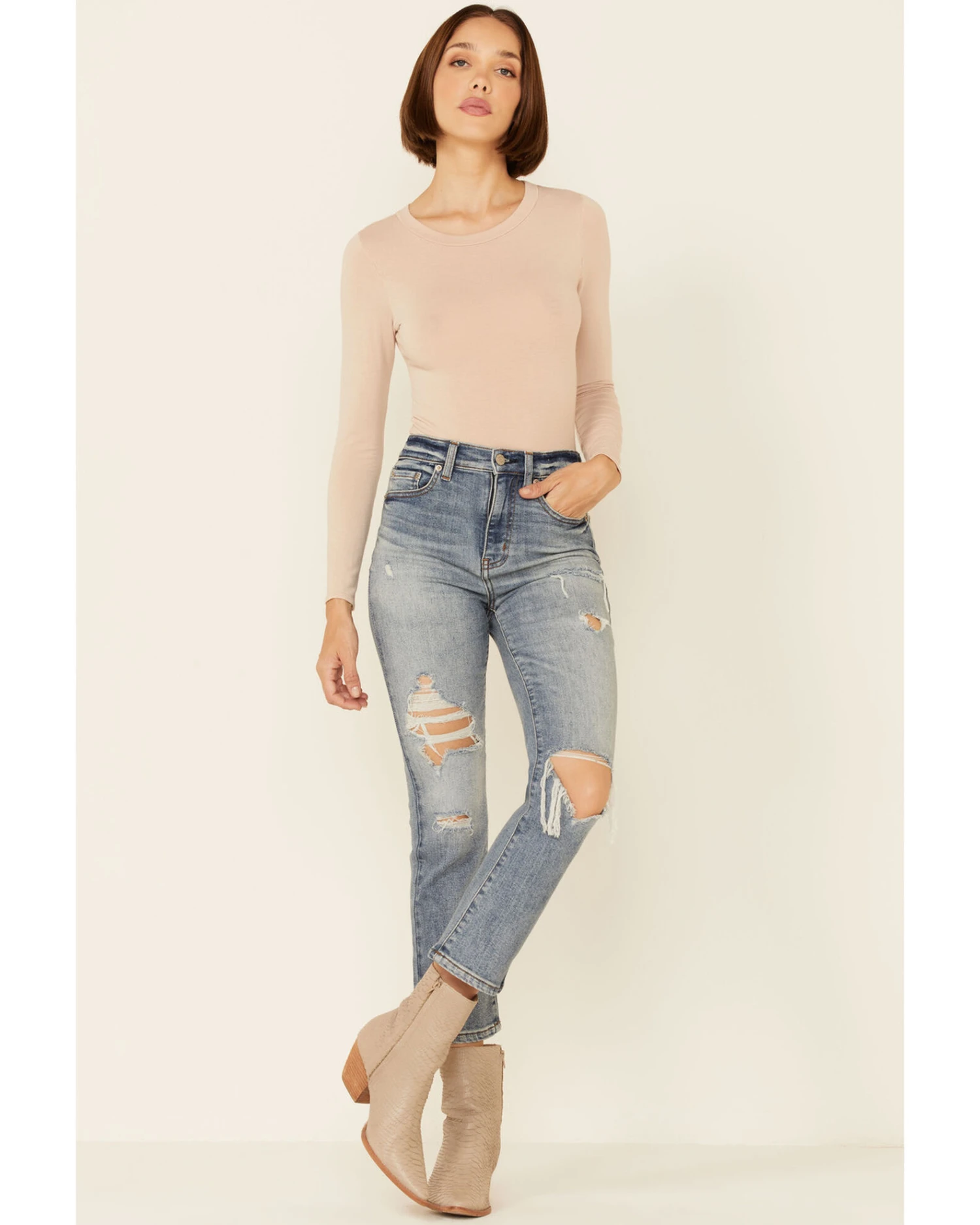 Daze Denim Women's Light Wash Distressed High Rise Straight Jeans 1 Daze Denim Women's Light Wash Distressed High Rise Straight Jeans