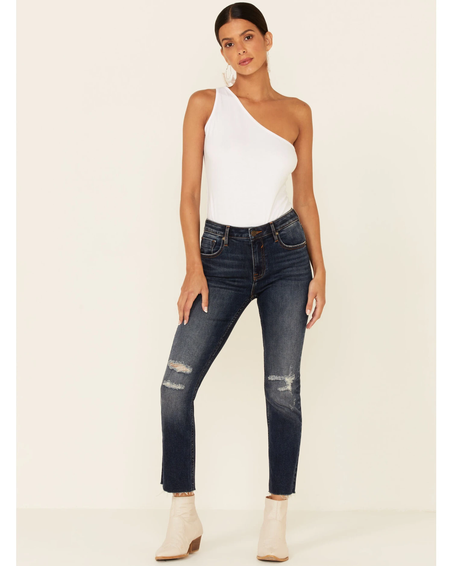 VIGOSS Women's Dark Wash High Rise Stevie Straight Distressed Jeans 3 VIGOSS Women's Dark Wash High Rise Stevie Straight Distressed Jeans - Image 3