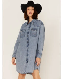 Wrangler Women's Medium Wash Denim Long Sleeve Western Snap Shirtdress -Wild West Belle Sales 2000358013 400 P1