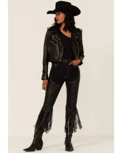 Understated Leather Women's Cowboy Denim & Leather Fringe Chap Jeans