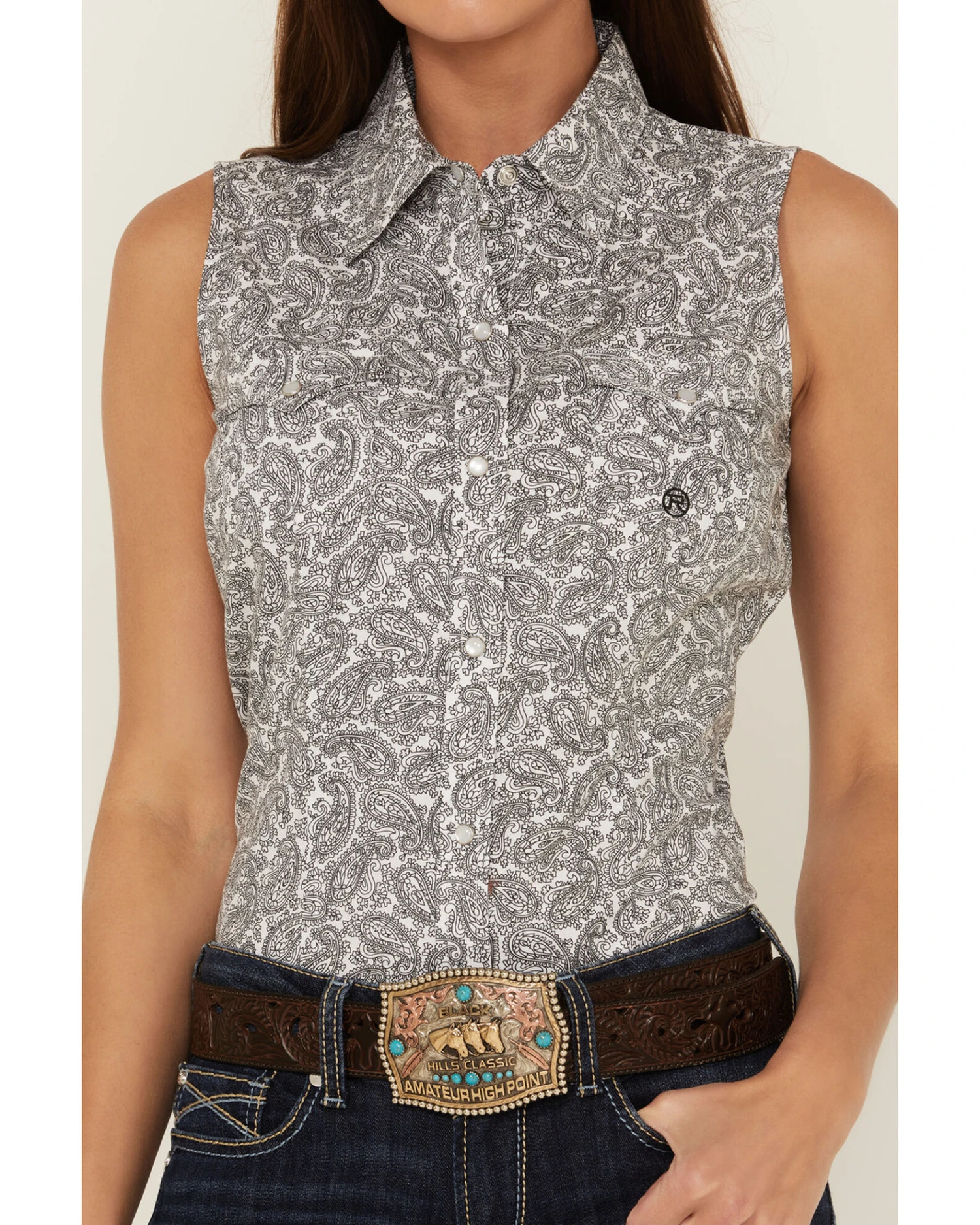 Roper Women's Paisley Print Sleeveless Pearl Snap Western Shirt 1 Roper Women's Paisley Print Sleeveless Pearl Snap Western Shirt