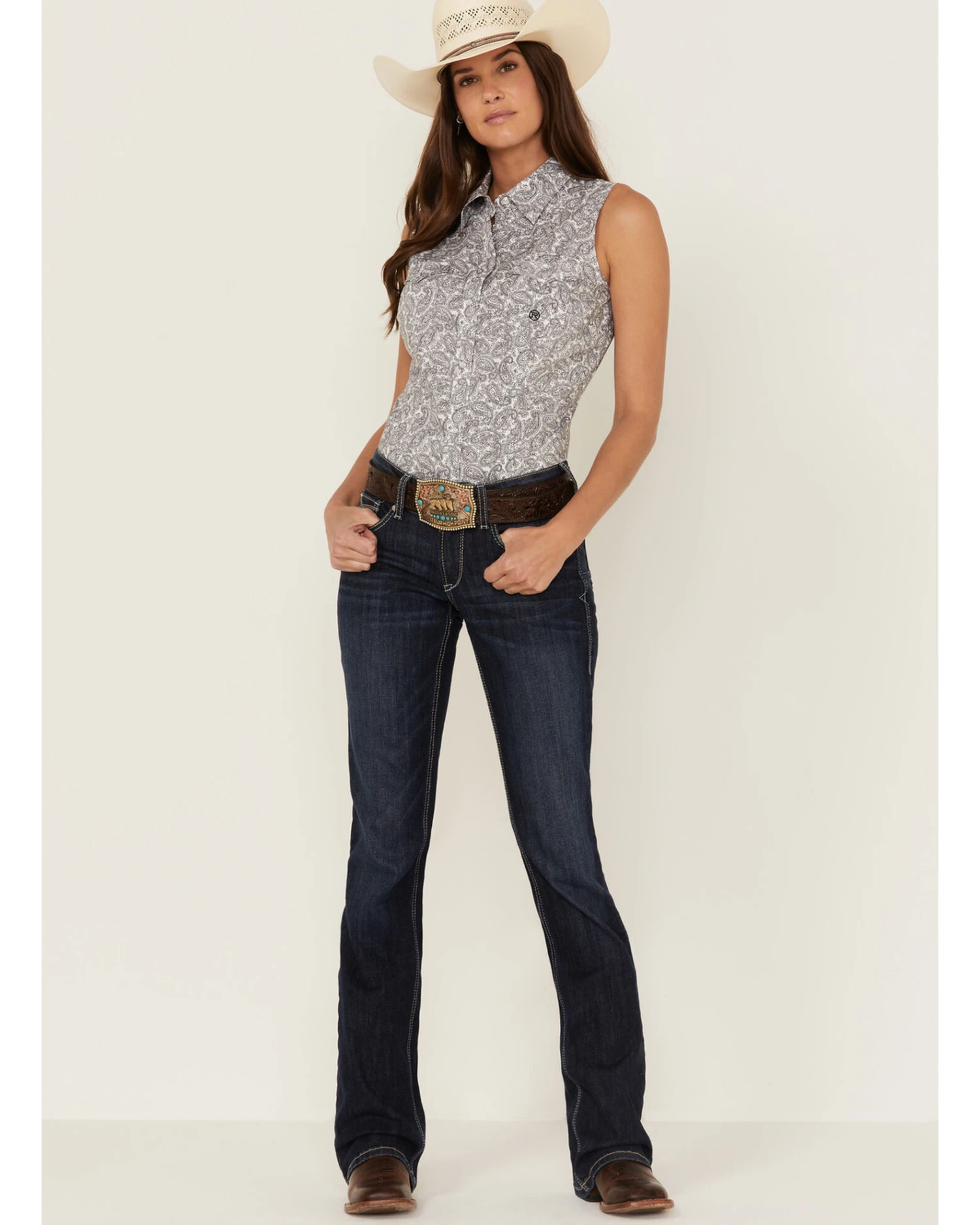 Roper Women's Paisley Print Sleeveless Pearl Snap Western Shirt 2 Roper Women's Paisley Print Sleeveless Pearl Snap Western Shirt - Image 2