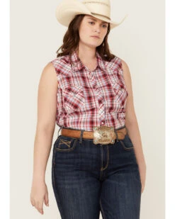 Roper Women's Classic Plaid Print Sleeveless Western Snap Shirt - Plus