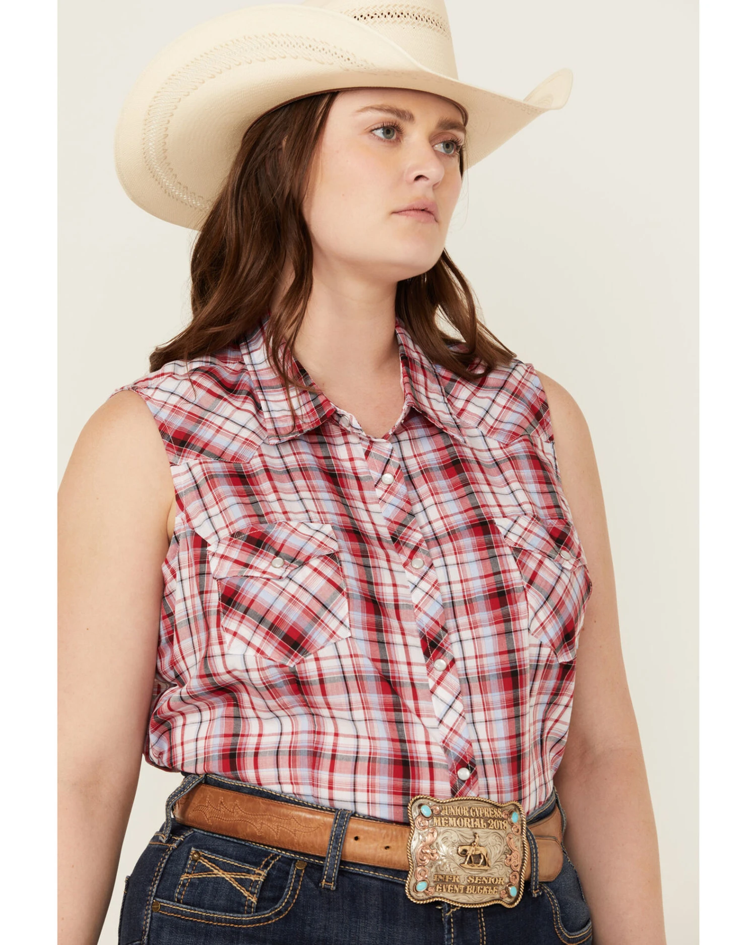 Roper Women's Classic Plaid Print Sleeveless Western Snap Shirt - Plus 2 Roper Women's Classic Plaid Print Sleeveless Western Snap Shirt - Plus - Image 2