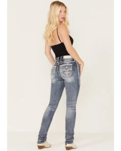 Rock Revival Women's Dark Wash Fleur De Lis Rhinestone Slim Straight Jeans