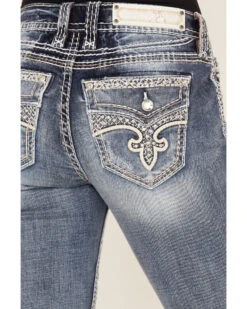 Rock Revival Women's Dark Wash Fleur De Lis Rhinestone Slim Straight Jeans -Wild West Belle Sales 2000359635 400 P4