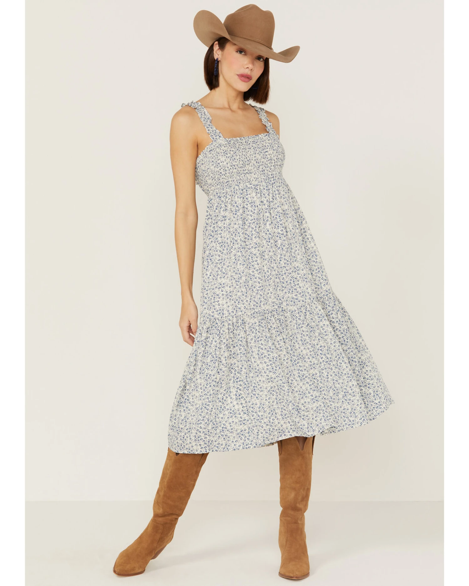 Lush Women's Blue Floral Smocked Midi Dress 1 Lush Women's Blue Floral Smocked Midi Dress