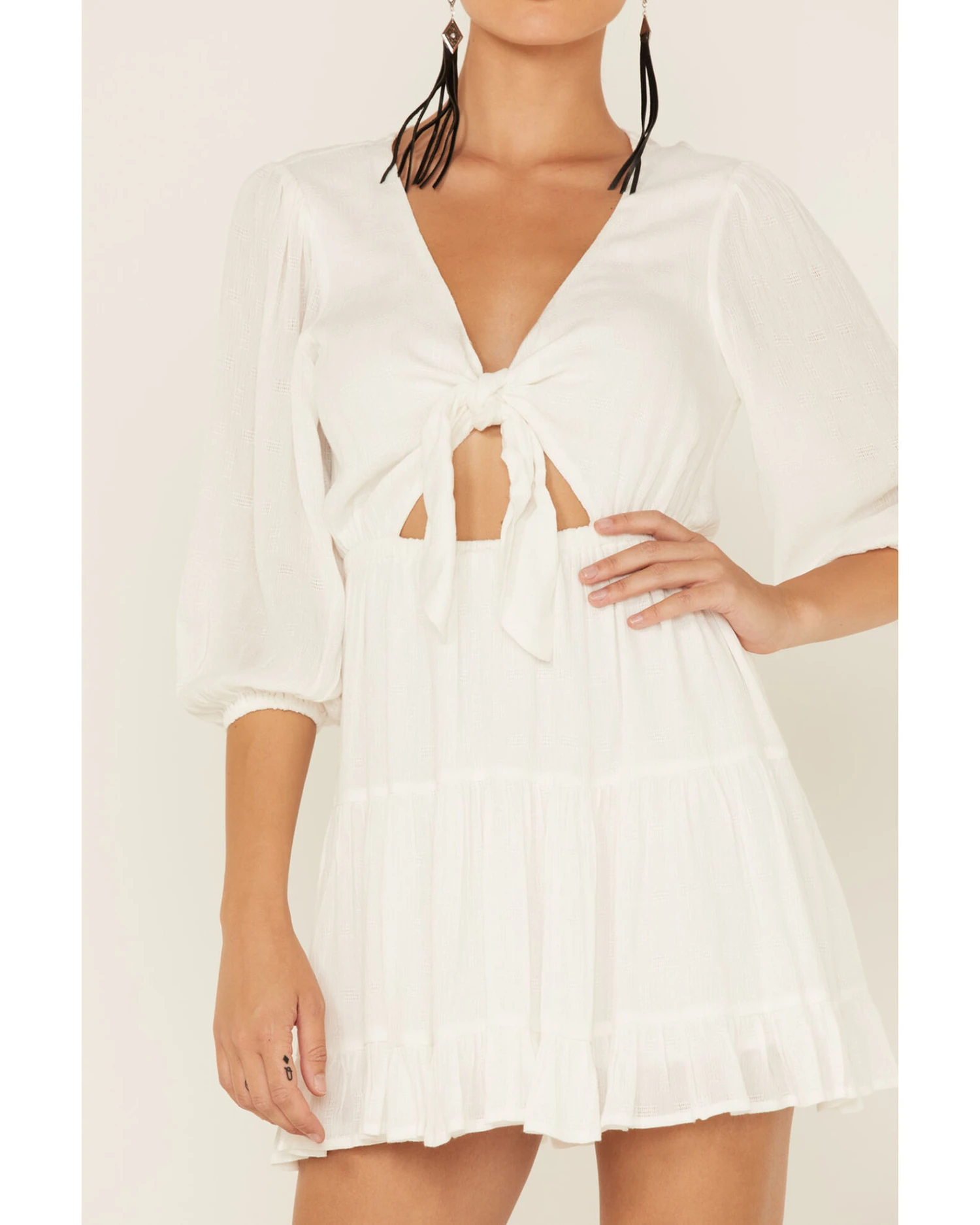 Lush Women's Tie Front Cutout Tiered Long Sleeve Dress 1 Lush Women's Tie Front Cutout Tiered Long Sleeve Dress