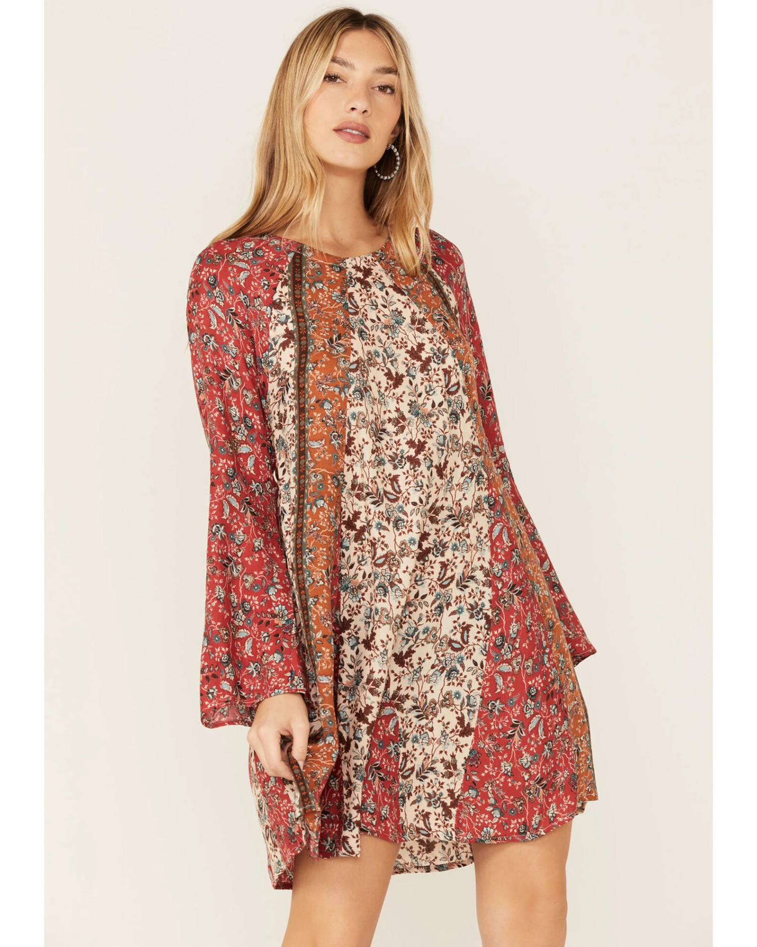 Lovestitch Women's Red & Natural Bell Sleeve Tie Back Mini Dress 1 Lovestitch Women's Red & Natural Bell Sleeve Tie Back Mini Dress