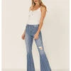 Cello Women's Stripe Destruction Flare Jeans