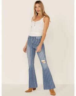 Cello Women's Stripe Destruction Flare Jeans