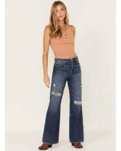 Cleo + Wolf Women's Medium Wash High Rise Patchwork Distressed Straight Jeans -Wild West Belle Sales 2000373350 416 P1