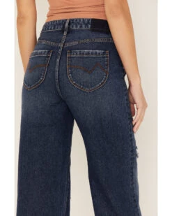 Cleo + Wolf Women's Medium Wash High Rise Patchwork Distressed Straight Jeans -Wild West Belle Sales 2000373350 416 P4