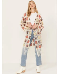 POL Women's Crochet Fringe Long Sleeve Kimono -Wild West Belle Sales 2000393569 900 P1