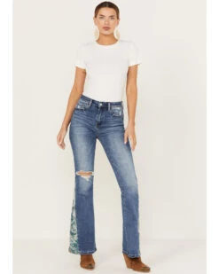 Vervet Women's Pound Medium Wash High Rise Floral Flare Jeans 7 Vervet Women's Pound Medium Wash High Rise Floral Flare Jeans -Wild West Belle Sales 2000394124 414 P1